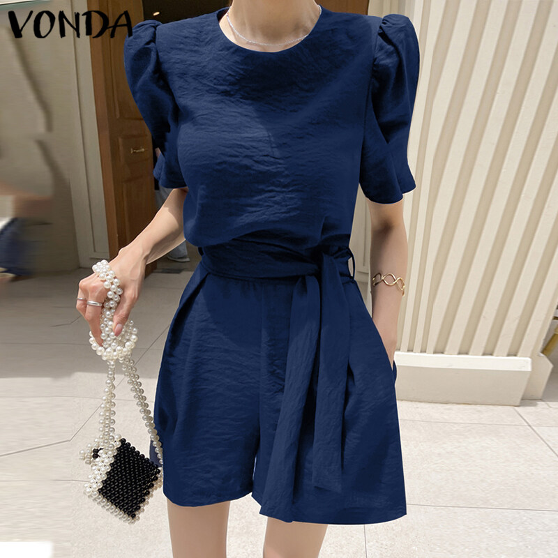 VONDA ผู้หญิงลำลองพัฟแขนเข็มขัดแขน Jumpsuit (เกาหลีสาเหตุ) Lazada.co.th