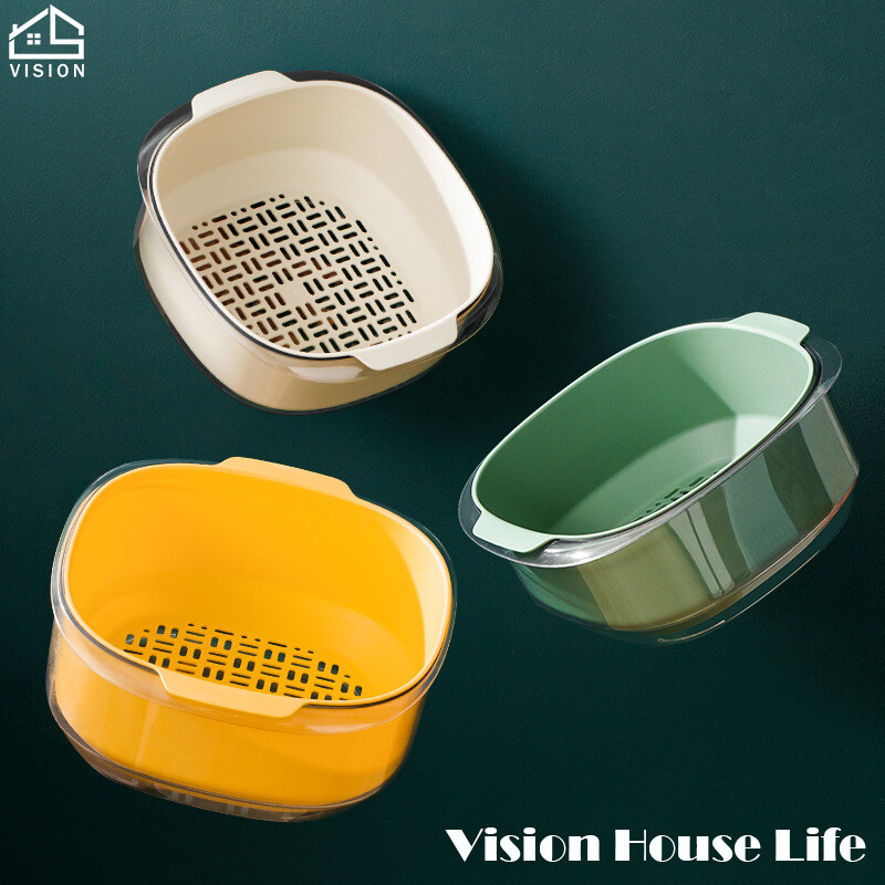 Vision Double Layer Vegetable Washing Basin Drain Basket Multi-Functional Detachable Drainage Basket Bowl Household Plastic Fruit Basket Kitchen Storage Strainer Leakage Filter Basket