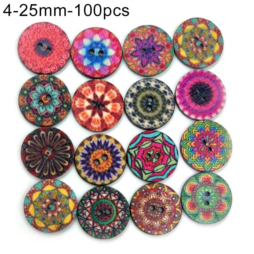 Broadfashion 100Pcs Bohemian Style Retro Pattern Round Shape Wooden Buttons Clothing Decor