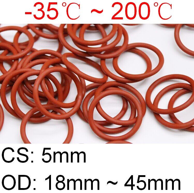 18mm-45mm OD Food Grade Silicone O-Ring 5mm Wire Diameter Red O Rings Seals 