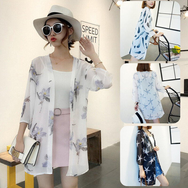 Missyouu Women Plus Size Printed three quarter Loose Chiffon Blouse Kimono Cardigan
