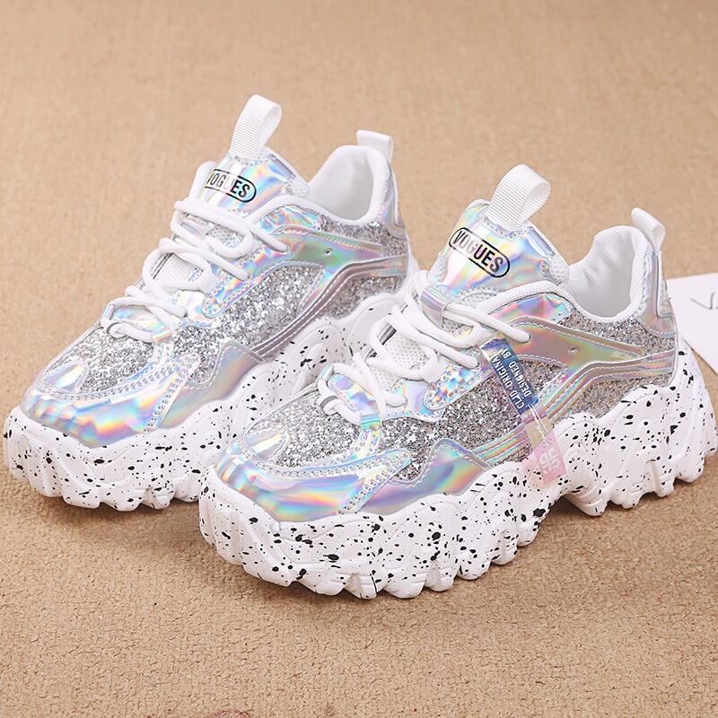 Yushu Women Sneakers New Glitter Platform Sneakers Women Casual Shoes Chunky Sneaker 6CM Increase Designer Thick Sole Dad Shoes