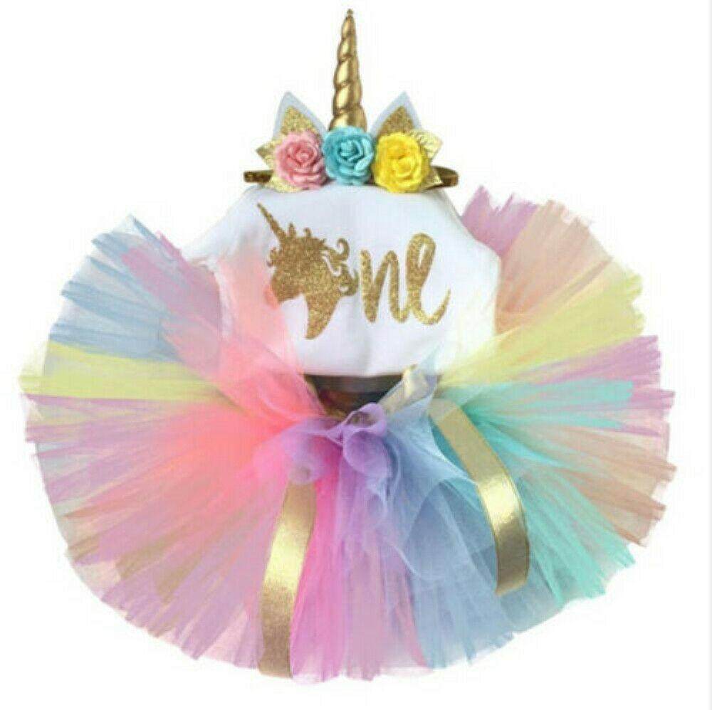 3PCS Baby Girl 1st Birthday Outfit Party Unicorn Romper Cake Smash