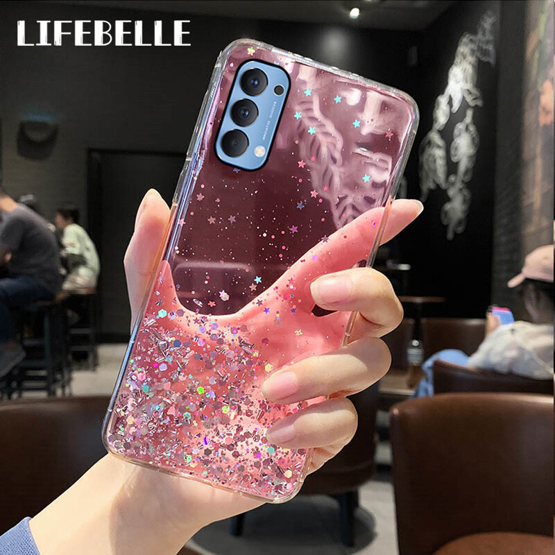 LIFEBELLE Casing for OPPO Reno 5 Case, Women Luxury Fashion Glitter Star Foil Sparkle Phone Cases Clear Flexible Soft Rubber TPU Bumper Bling Protective Casing Back Cover for OPPO Reno5