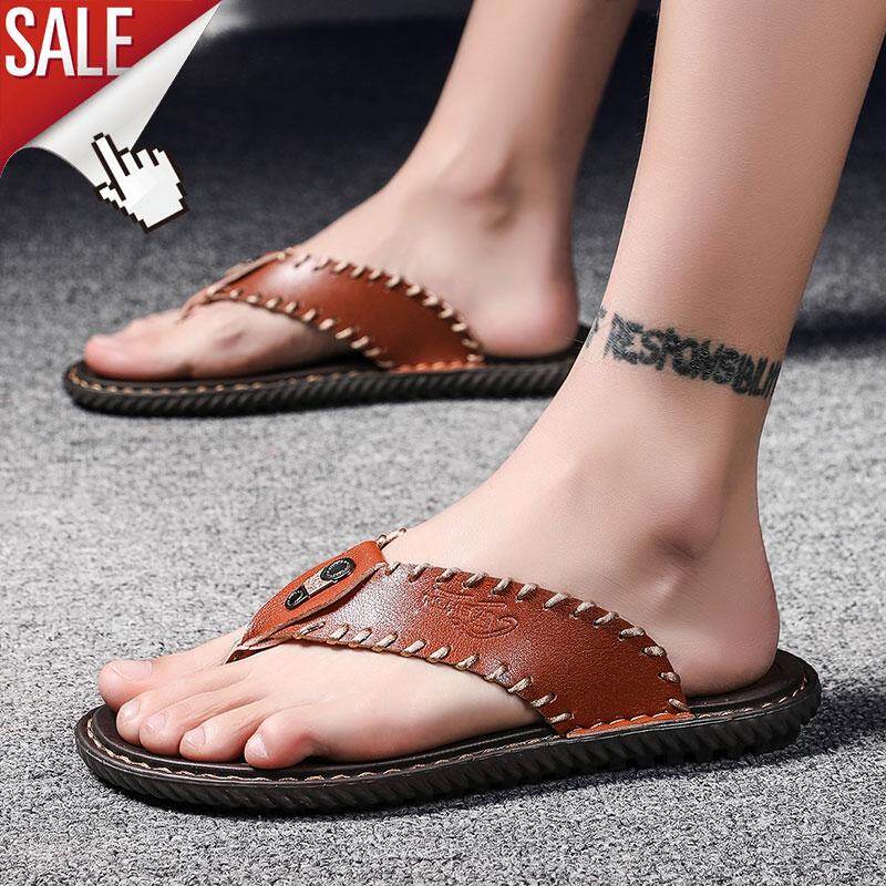 LAOCHRA Summer Slippers For Men Flip Flops British Style Big Size 38-47 Men Flip Flops Genuine Leather Flat Sandals Men Shoes Non-slip Casual Shoes