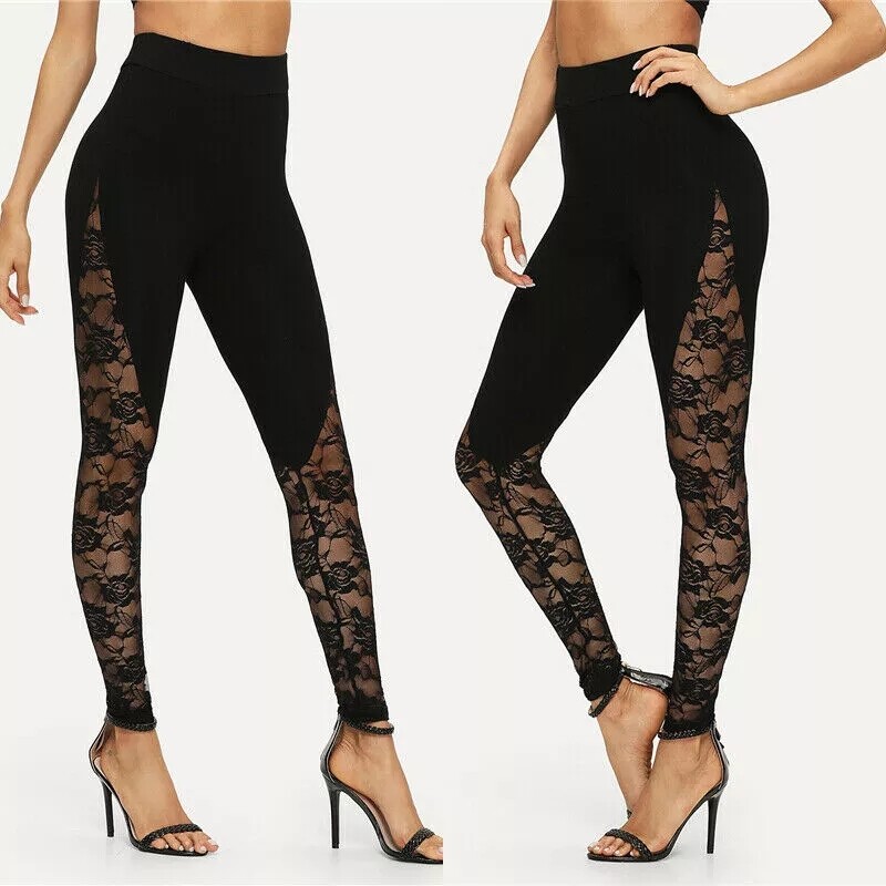 Happybuyner Quần Legging Ren Đen Tập Yoga Tiktok Quần Legging Nữ Màu Đen Cắt Viền Ren Hoa Bên Hông Cỡ S M L 2XL