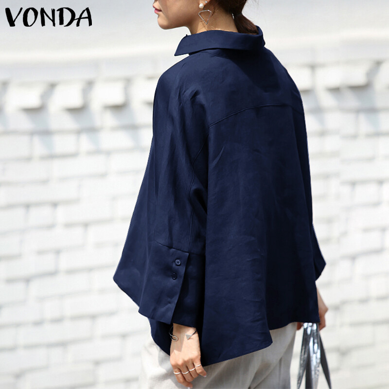 VONDA Womens Long Sleeve Casual Plain Blouse Office OL Shirt Plus Size Basic Tops Tee Plus Size (Korean Causal)