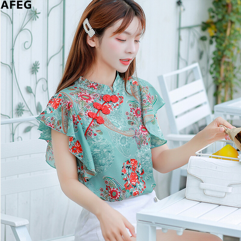 AFEG new Korean retro disc button chiffon floral lotus leaf sleeve blouse for women