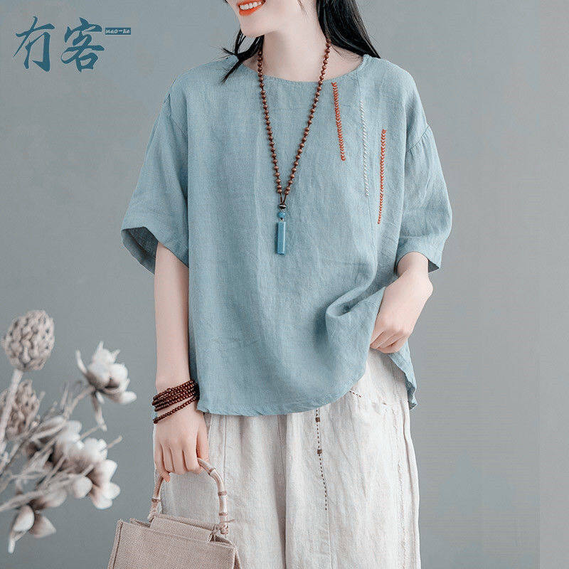 LUCKIN STORE Women's Linen Short Sleeve Blouse Women Embroidery O-neck T-shirt Summer New Loose Shirt Women Pullover Tops Plus Size