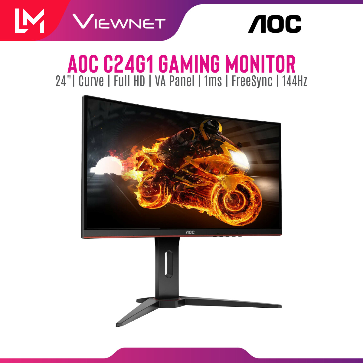 Aoc C24g1 23 6 Va Gaming Curved Monitor 1ms 144hz Vga Hdmi 1 4 X2 Display Port X2 Curved 1500r Lazada