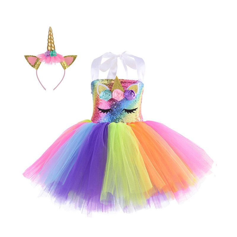 Children Girl Unicorn Dress Sequined Princess Dress For Kids Tutu Dresses Festival Performance Short Skirt Wedding Birthday Dress With Headdress