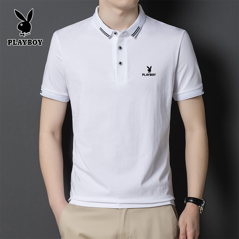 PLAYBOY Men's Casual POLO Shirt, Business Button Collar Short Sleeves, Chest Stripe Short Sleeves Solid color polo shirt（M-4XL）