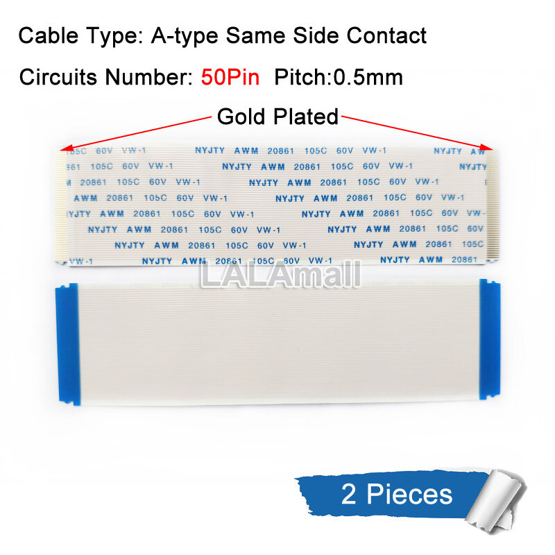 2pcs Flexible Flat Cable FFC FPC Cable Pitch 0.5mm Length 100mm 10cm A-type Gold Plated 50P 60P 68P 80P 96P 50Pin 60Pin 68Pin 80Pin 96Pin AWM 20706 20861 105C 60V VW-1 for Tcon Logic Board