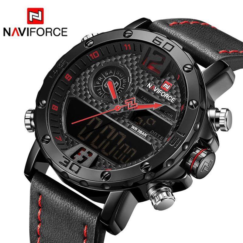 New Hot nam cao cấp hàng đầu NAVIFORCE Màn hình hiển thị kép đa chức năng chống thấm nước Đồng hồ thạch anh dây da quân sự bàn đồng Hồ Relogio Masculino đồng hồ