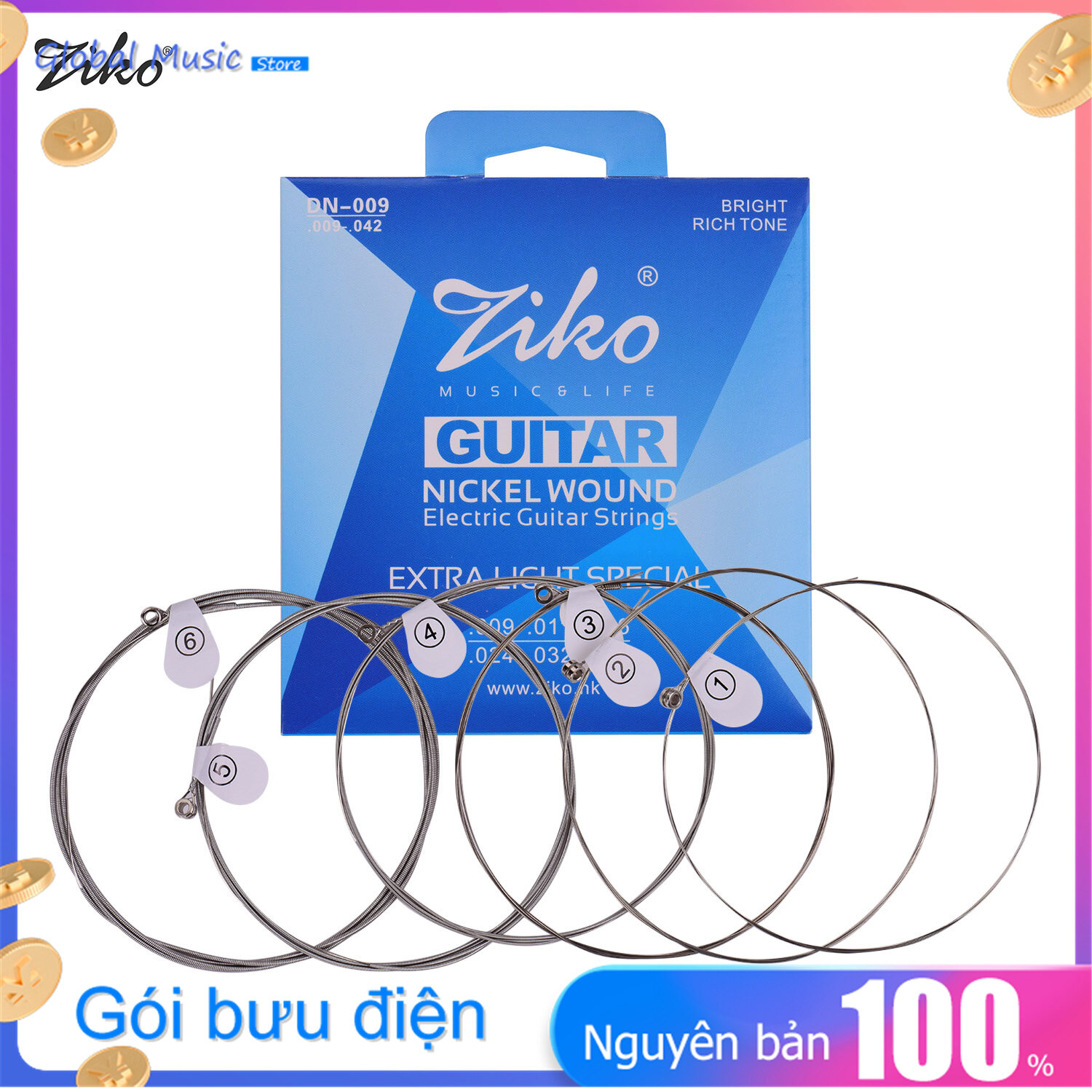 ZIKO DN-009 Extra Light Guitar Strings for Electric Guitars Hexagonal Core Namo Coating Nickel Winding 6pcs Strings Set
