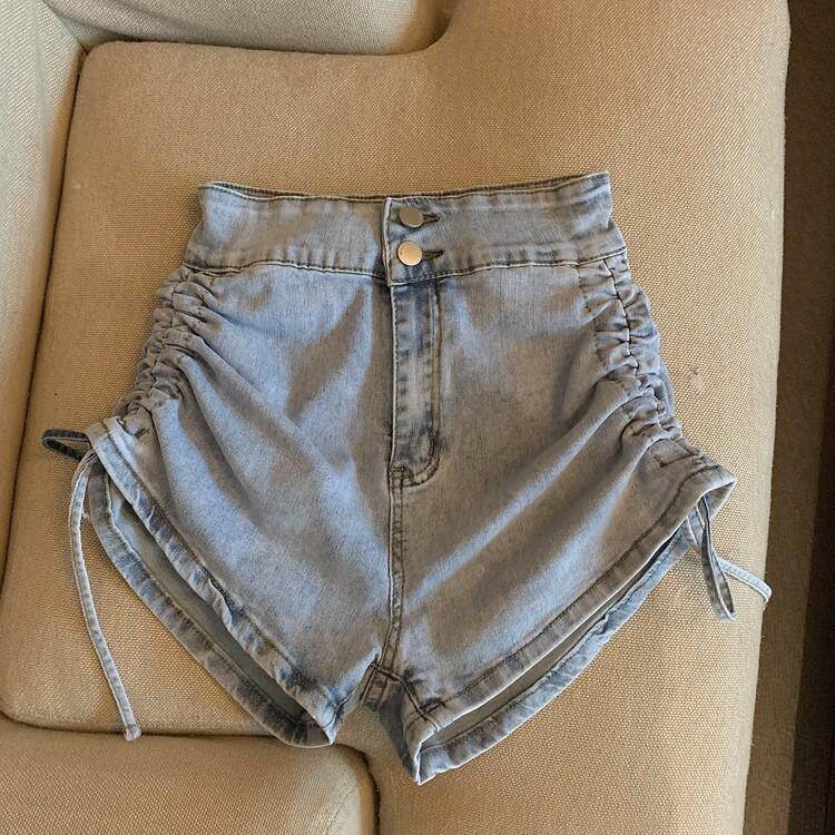 2023 New Denim Shorts Korean Drawcord Summer High Waist Women's Jeans Solid Color Pocket Button Women's Shorts