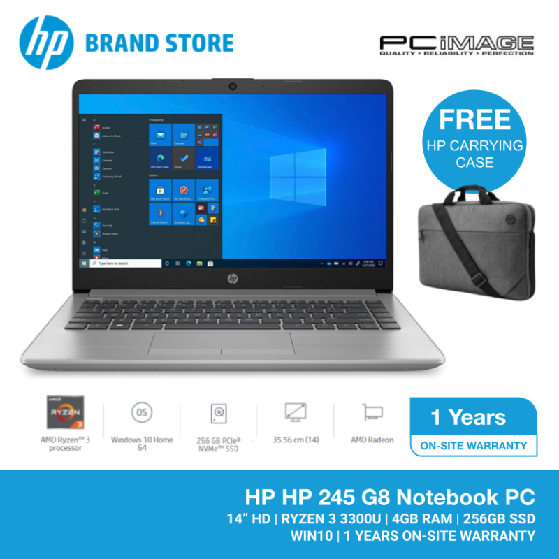 HP 245 G8 14 HD LAPTOP (RYZEN3-3300U/4GB/256GB SSD/W10H/1YR W/SILVER) FREE CARRYING CASE Malaysia