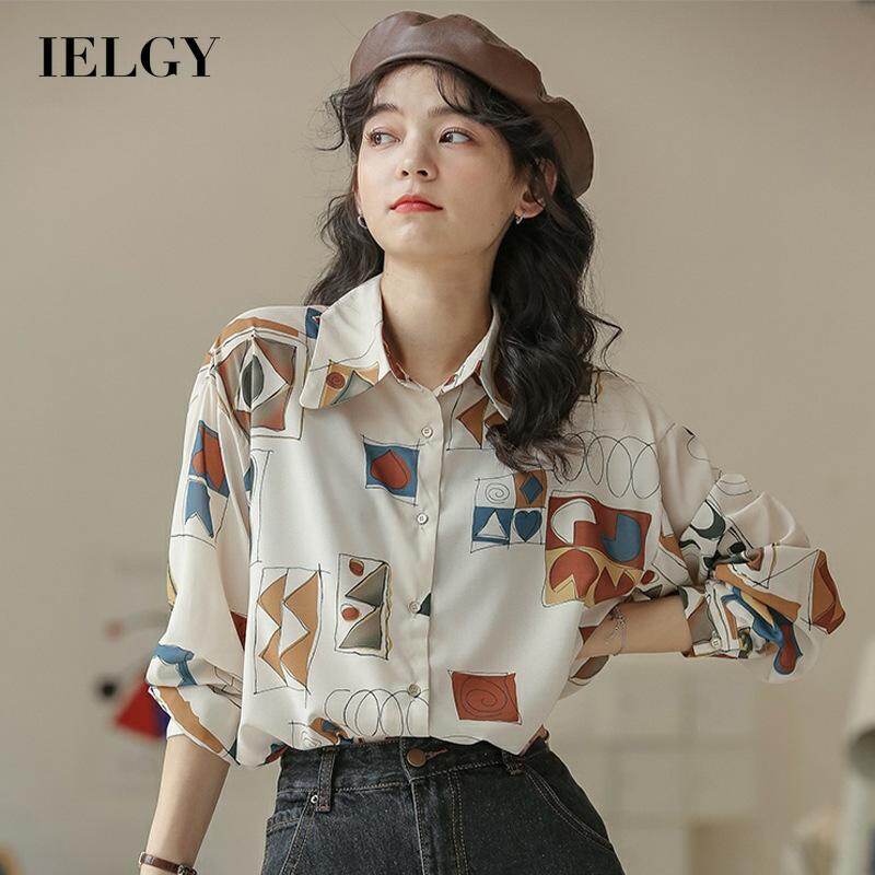 IELGY Casual Fashion Versatile Retro Women's clothes Design Long sleeves Shirts Loose Printed