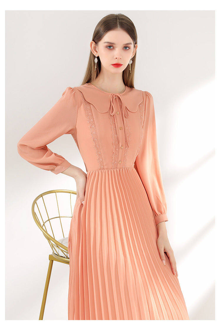 Orange Lace up Doll Neck Dress for Women's Spring 2023 New Women's Style Long Pleated Skirt