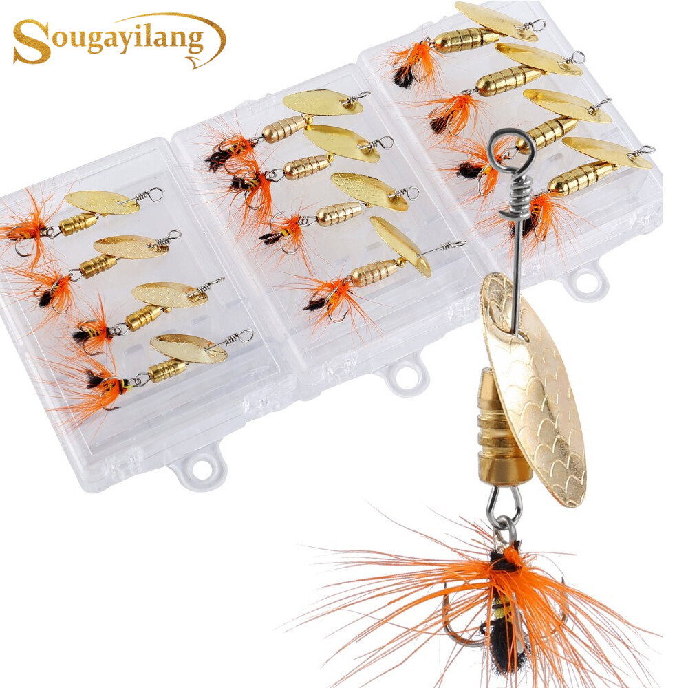 Sougayilang 4pcs Golden Fishing Lures Hard Metal Spinner Baits Set Bass Trout Tackle with Box Combo Fishing Lures.