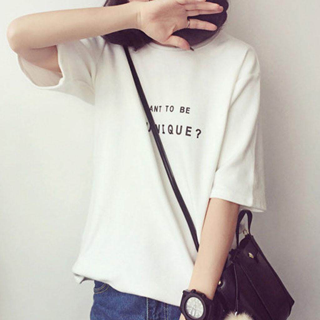 Womens Lightweight Short Sleeve Round Neck Letter Printed Blouses Tops Pullover T Shirts