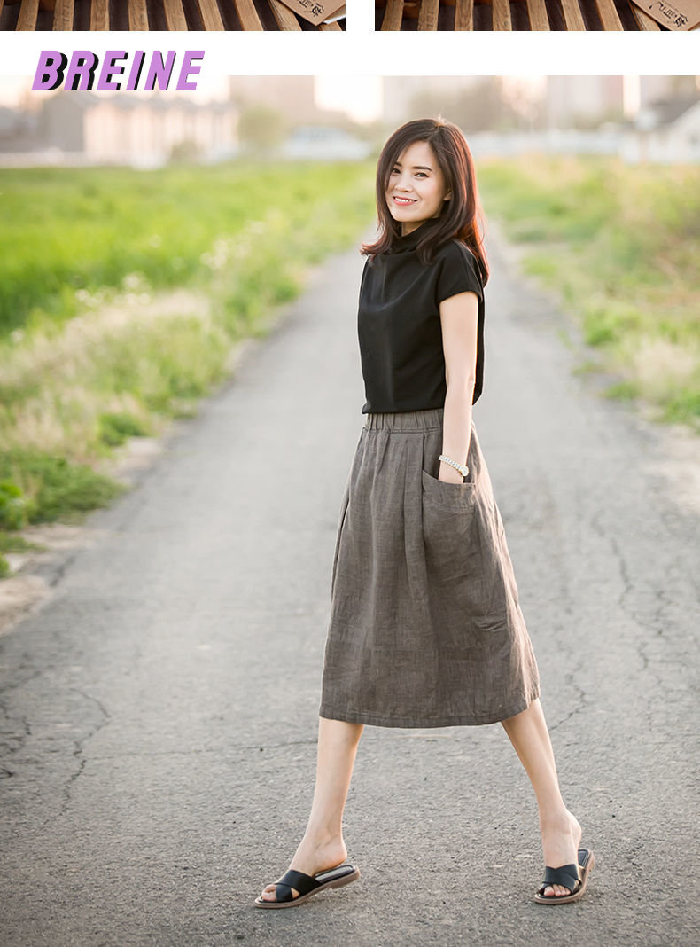 BREINE Cotton and hemp art skirt women's A-line mid-length skirt 503b091
