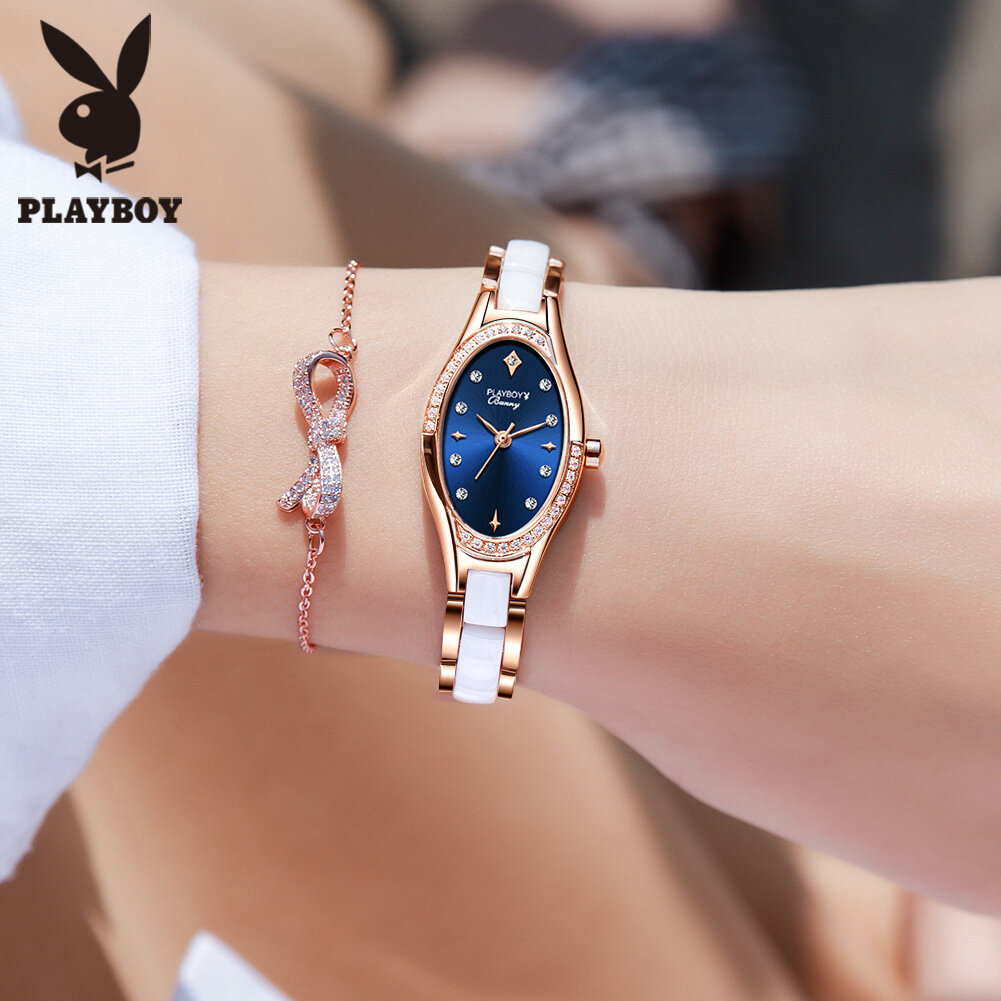 Luxury High-end Brand Series PlayBoy Watch for Women Sale Original Pawnable Waterproof Flash Diamond Oval Subdial Fashion Elegant Ceramic Steel Belt Casual Quartz Watch White/Red/Blue