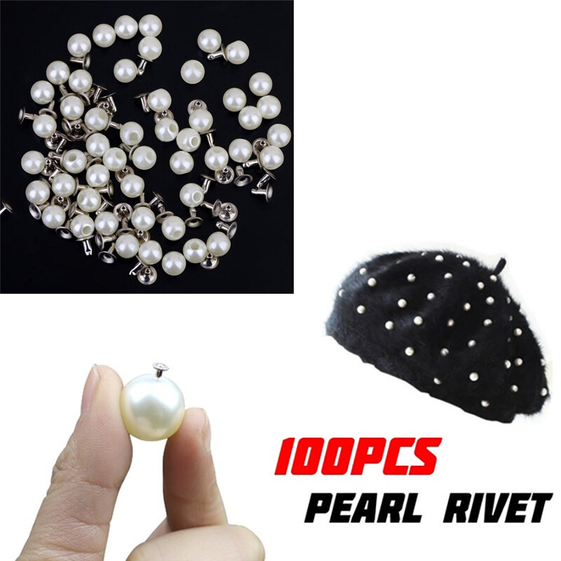 100 Sets Rivet Acryl Beads Imitation Pearls Rivets Studs for Clothes/Bags/Shoes Studs Button Spikes 6MM