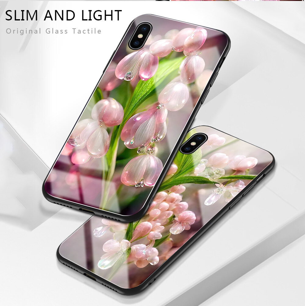 Jizetin Phone Casing For Xiaomi Redmi Note6 Note7 Note8 Note 8 Pro Note 8T Luxury Pink Flowers Crystal High Definition Design Shockproof Glossy Case Tempered Glass Back Cover Casing