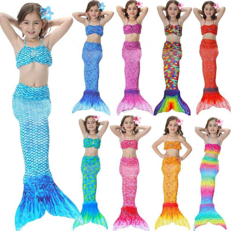 Kids Girls Swimmable Mermaid Tail Bikini Set Swimwear Swimsuit Swimming ...