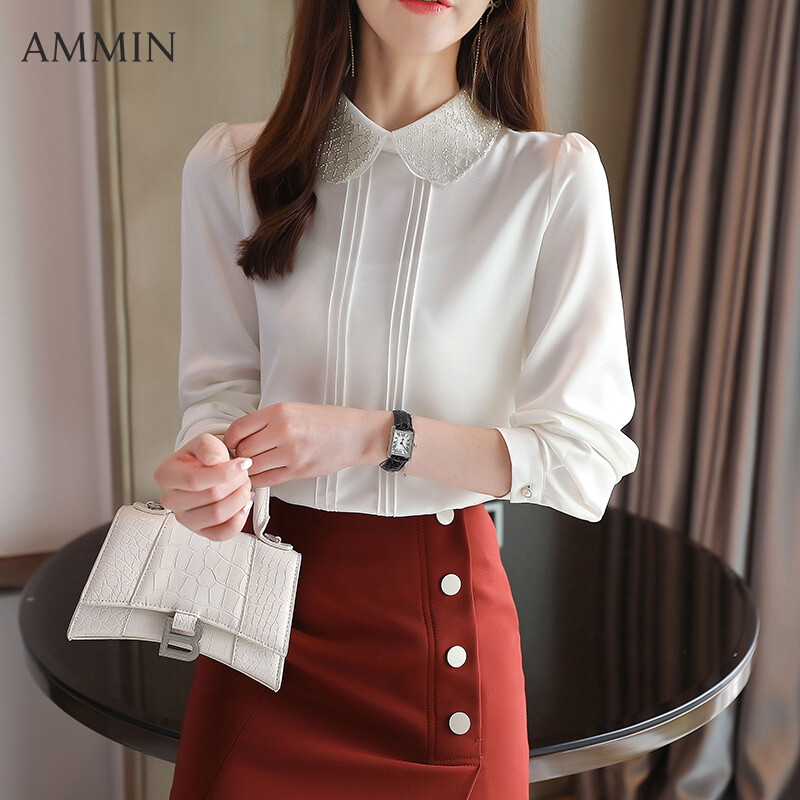 AMMIN Doll Collar Chiffon Shirt For Women's Fall New Beaded Top Lady OL Design Sense Temperament Blouse