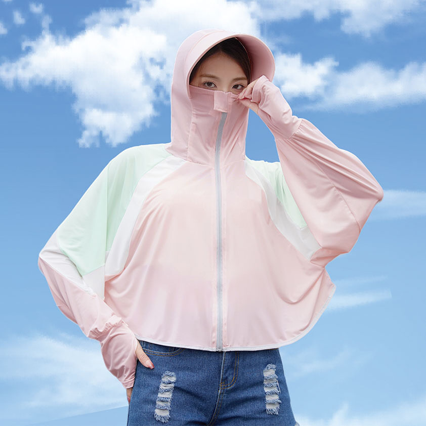 SUPERFLOWER Camicia da donna con protezione solare in seta ghiacciata e giacca con cappuccio con giunture colorate e protezione UV per esterni_voghion.com