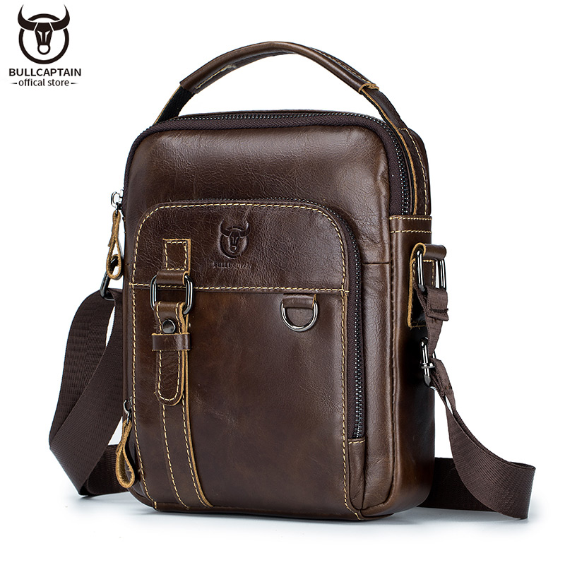 BULLCAPTAIN Leather Shoulder Messenger Bag Men's Classic Retro Multifunctional Double-Layer Storage Hanging Keychain Handbag