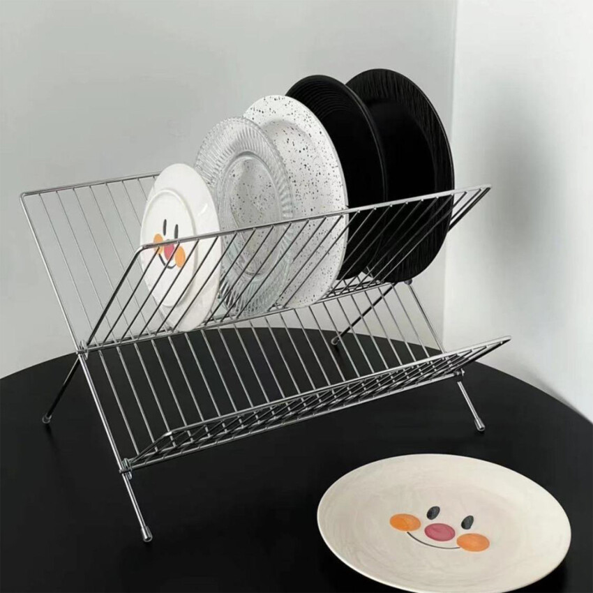 Large Dish Drying Rack M ulti-functional Foldable Cup Drainer 2-Tier Strainer Holder Tray Stainless Steel Kitchen Accessories