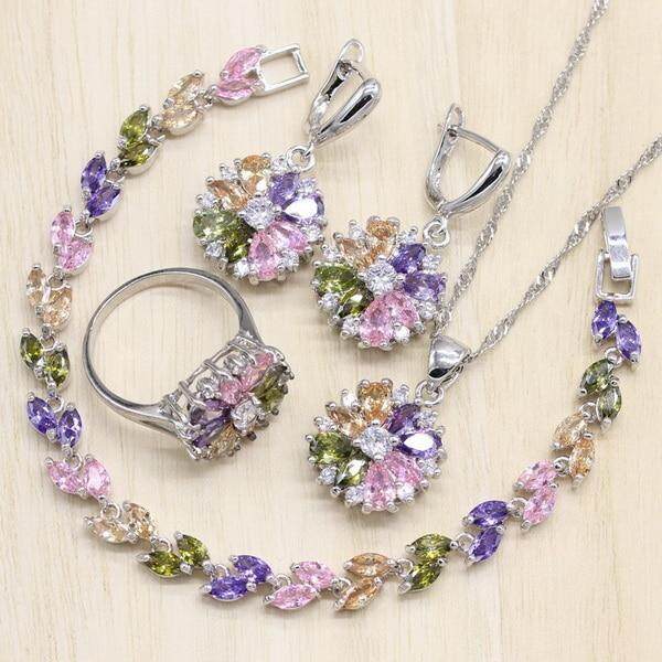 Mặt Dây Chuyền Trang Sức Bạc 925 S Nhiều Màu Đá Cubic Zirconia Bộ Trang Sức Nữ Bông Tai/Mặt Dây Chuyền/Vòng Cổ/Vòng /vòng đeo tay