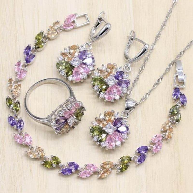 Mặt Dây Chuyền Trang Sức Bạc 925 S Nhiều Màu Đá Cubic Zirconia Bộ Trang Sức Nữ Bông Tai/Mặt Dây Chuyền/Vòng Cổ/Vòng /vòng đeo tay