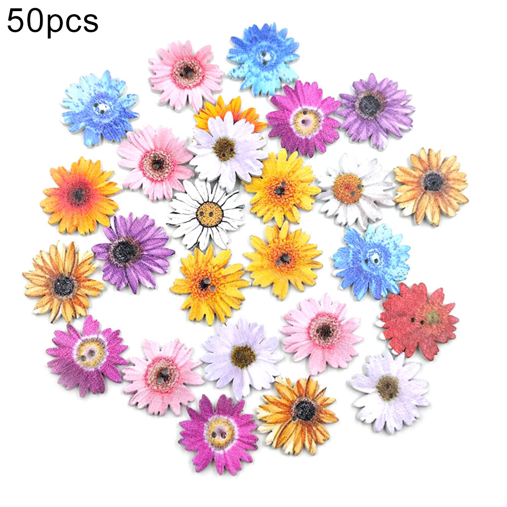 Broadfashion 50Pcs Marguerite Shape 2 Holes Wooden Buttons Clothes Sewing Scrapbook Decor