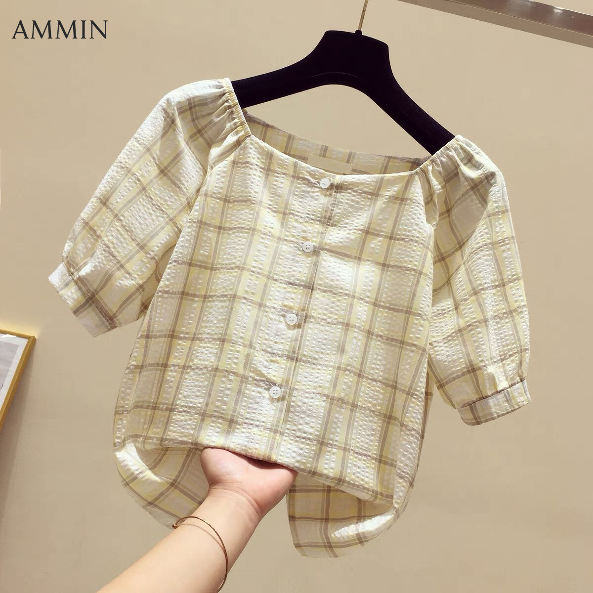 AMMIN Tops 2023 summer new style boat collar plaid short-sleeved chiffon shirt k women's single-row button cardigan sweet five-point sleeve blouse