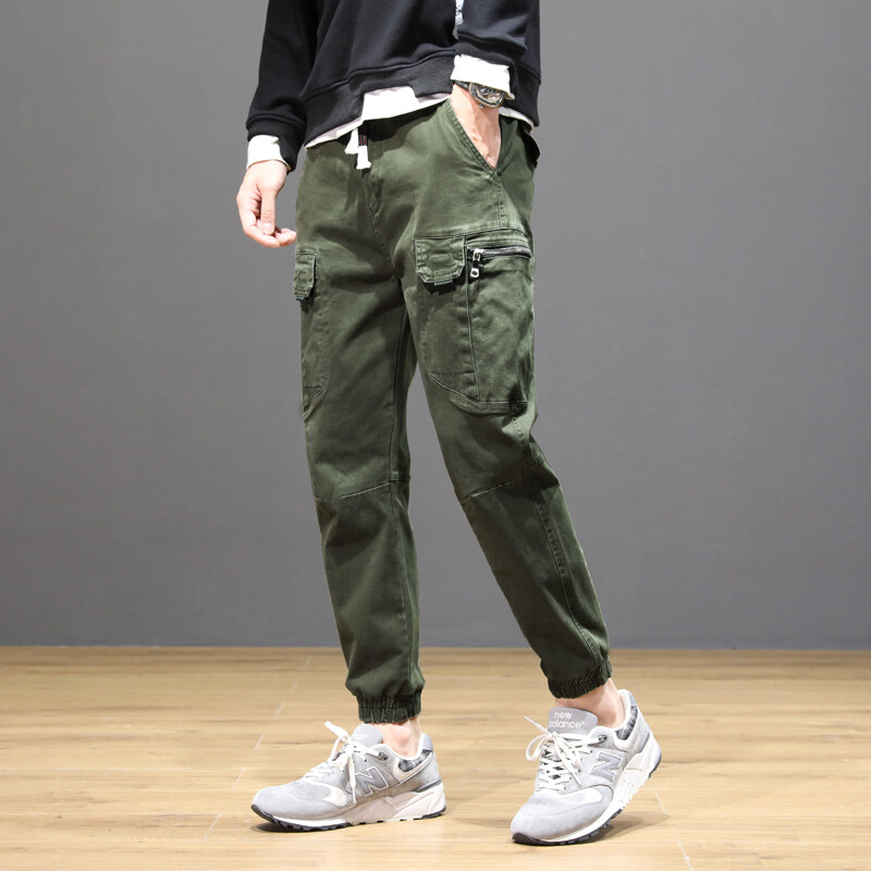 Ready stock】Fashion Men'S Cargo Pants Zipper Cotton Casual Dark 