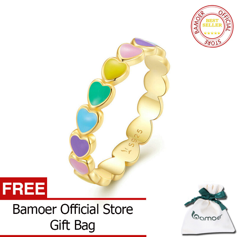 BAMOER Free Shpping October Authentic 925 Sterling Silver Stackable Rainbow Heart Finger Rings for Women Wedding Engagement Ring Jewelry Anel SCR444