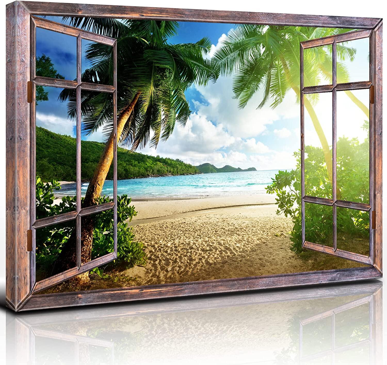 Window Beach Picture Canvas Wall Art Coastal Palm Tree Scenery Paintings For Bathroom Living Room Nature Tropical Landscape Sunset Ocean Poster Prints... Wall decoration