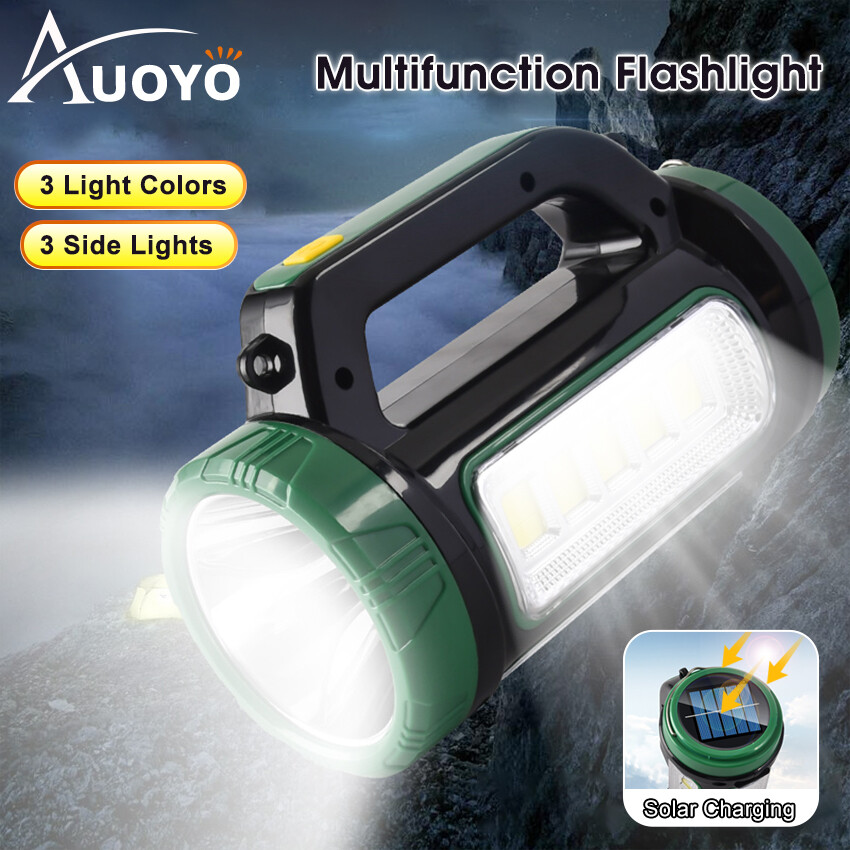 Auoyo Solar LED Flashlight Multifunctional Outdoor Torchlight Searchlight High Power Spotlight Waterproof Work Light USB Rechargeable Searchlight Handheld Flashlight Warning Light Floodlight Spotlight