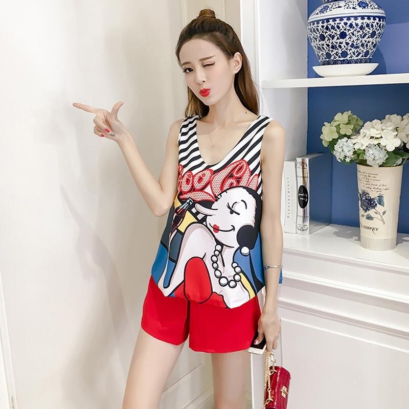 Female Summer New Printed Large Size Slim Short T-Shirt And Shorts Set