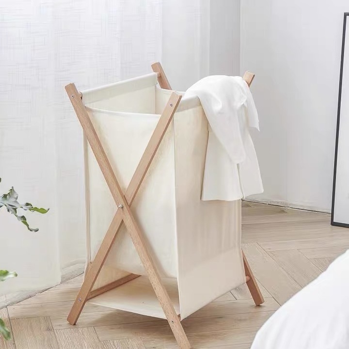 Collapsible Wood X-Frame Laundry Hamper with Fold Over Lid