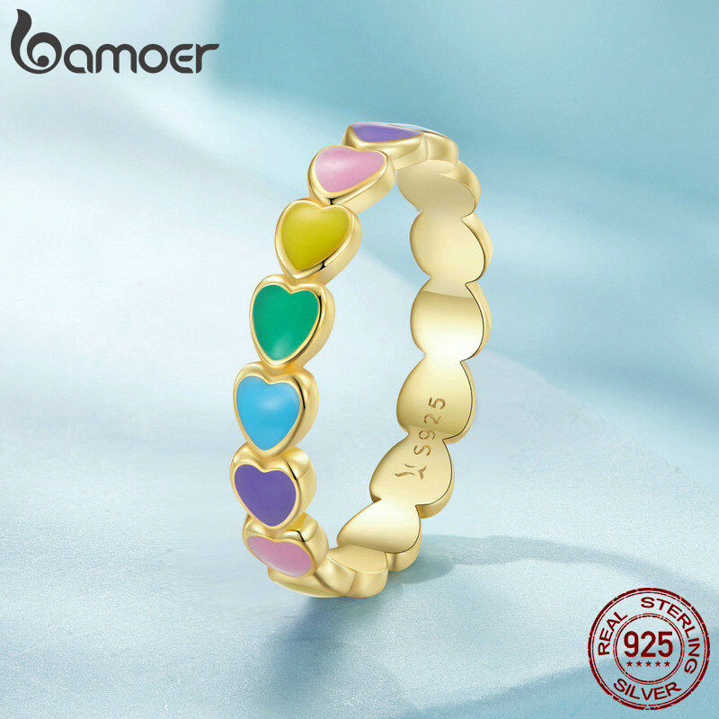 BAMOER Miễn Phí Vận Chuyển Nhẫn Đeo Tay Hình Trái Tim Cầu Vồng Xếp Chồng Lên Nhau Bằng Bạc Ý 925 Thật Tháng 10 Cho Nữ Nhẫn Đính Hôn Đám Cưới Trang Sức Anel SCR444