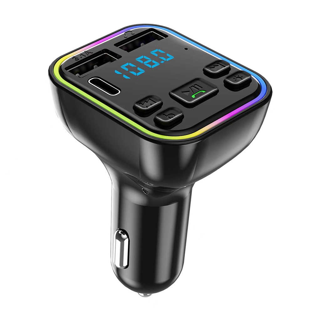 Jtke car bluetooth 5.0 fm transmitter pd type-c dual usb 3.1a fast charger colorful light handsfree mp3 player