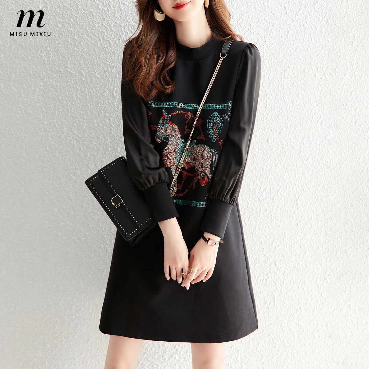 Misumixiu 2023 autumn new long sleeve dress women's korean edition black straight sleeve dress