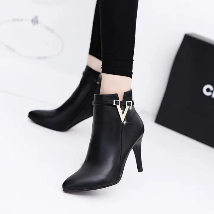 Women Pointed Metal Decoration Ankle Boots Fashion Stiletto High