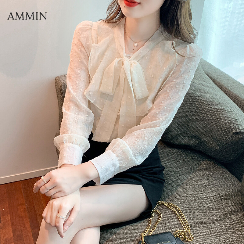 AMMIN 2022 spring and autumn new puff sleeve French V-neck with bow apricot OL chiffon shirt women Korean style long-sleeved sweet and elegant embroidered blouse female ins tops