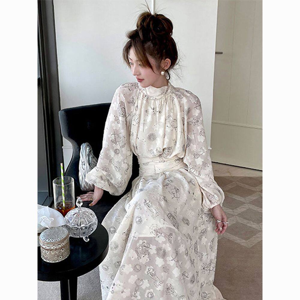 French Romantic Dress Gentle Wind Platycodon Bubble Sleeve Printed Skirt Long Sleeve Casual Fashion Ladies MIDI Dress